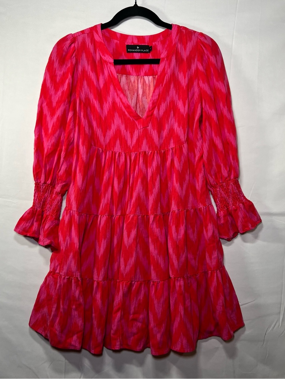 Pomander Place Pink Tiered Mini Dress XS Puff Sleeve Boho